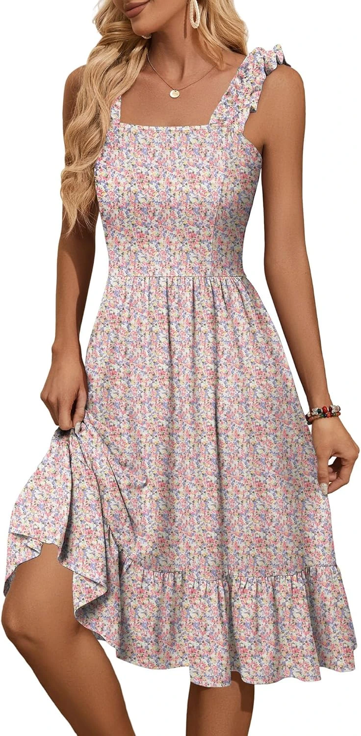 Pastel floral spring dress in soft blooms