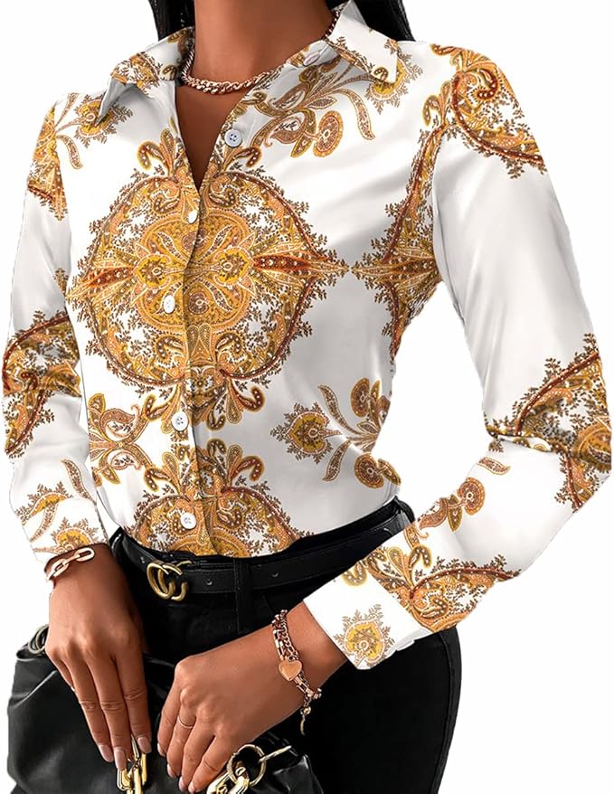 Printed silk blouse for creative interview outfit