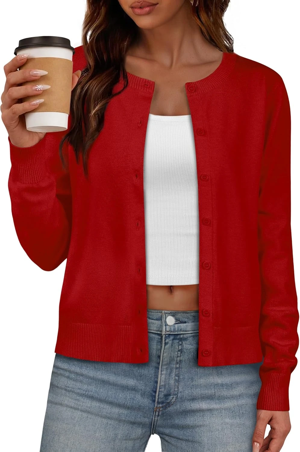 Red button cardigan for soft layered outfit