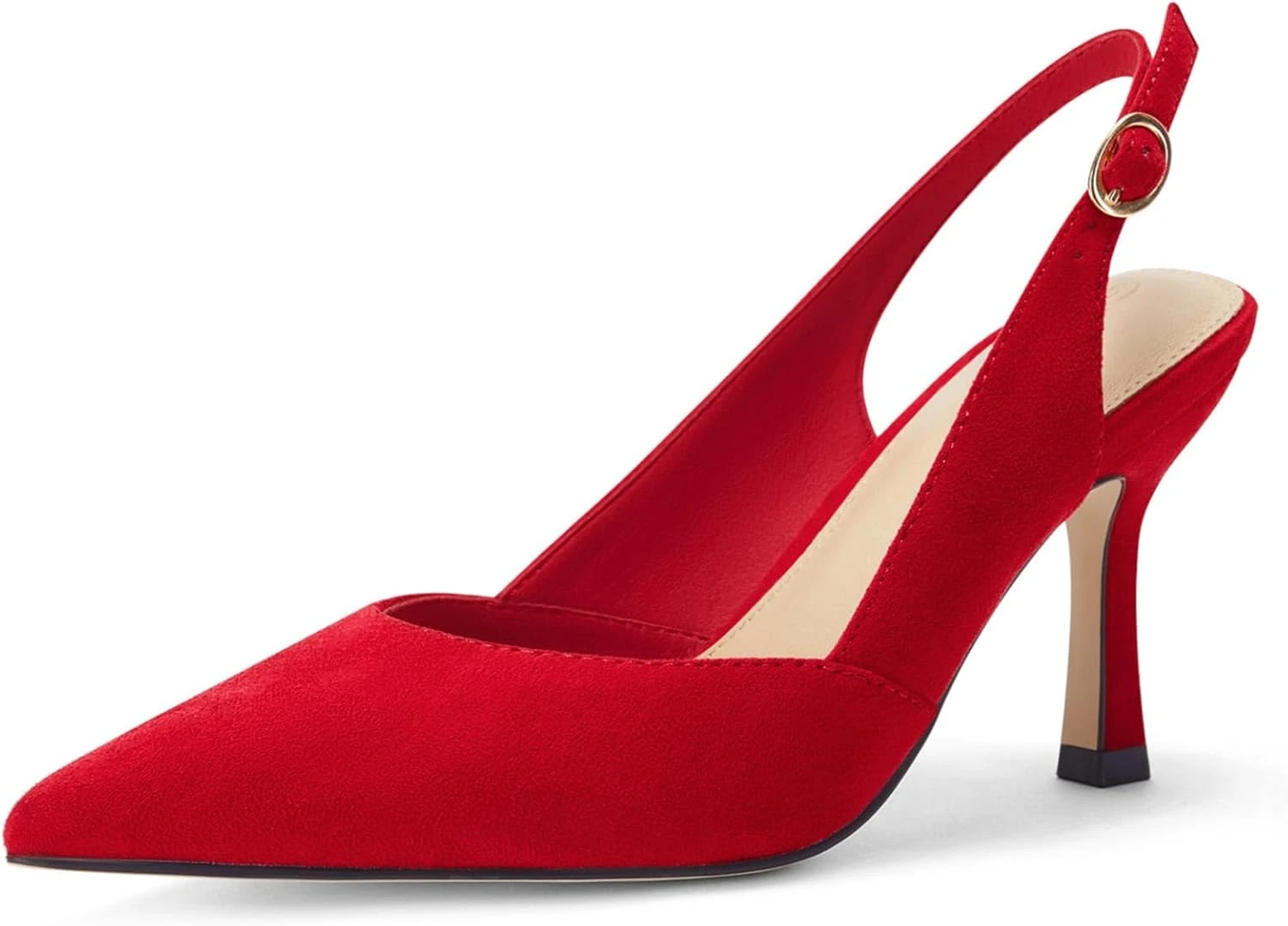Classic red pointed heels for neutral outfit