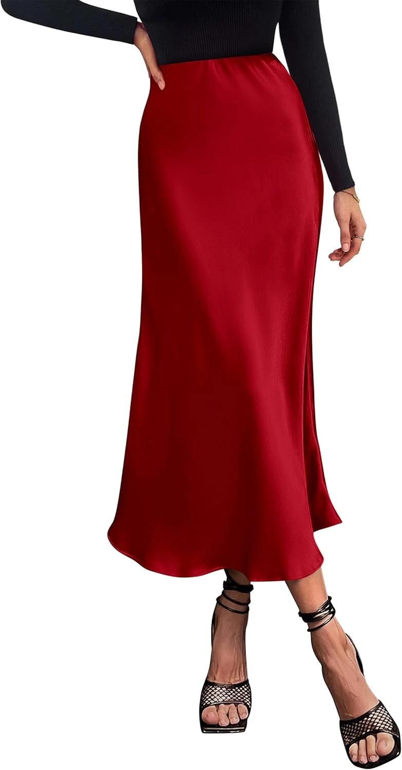 Red satin midi skirt for balanced outfit