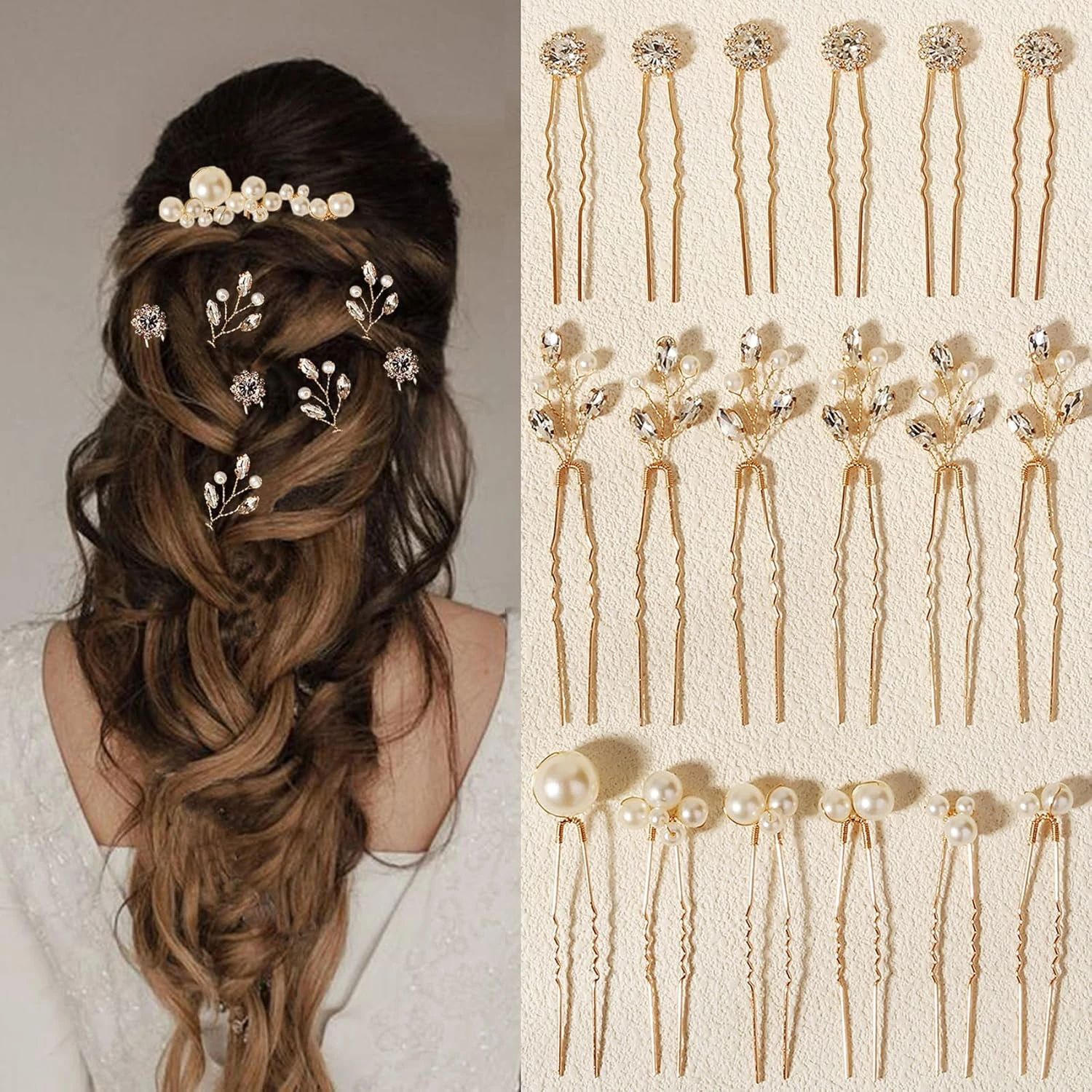 Gold hair pins for high neck satin gown