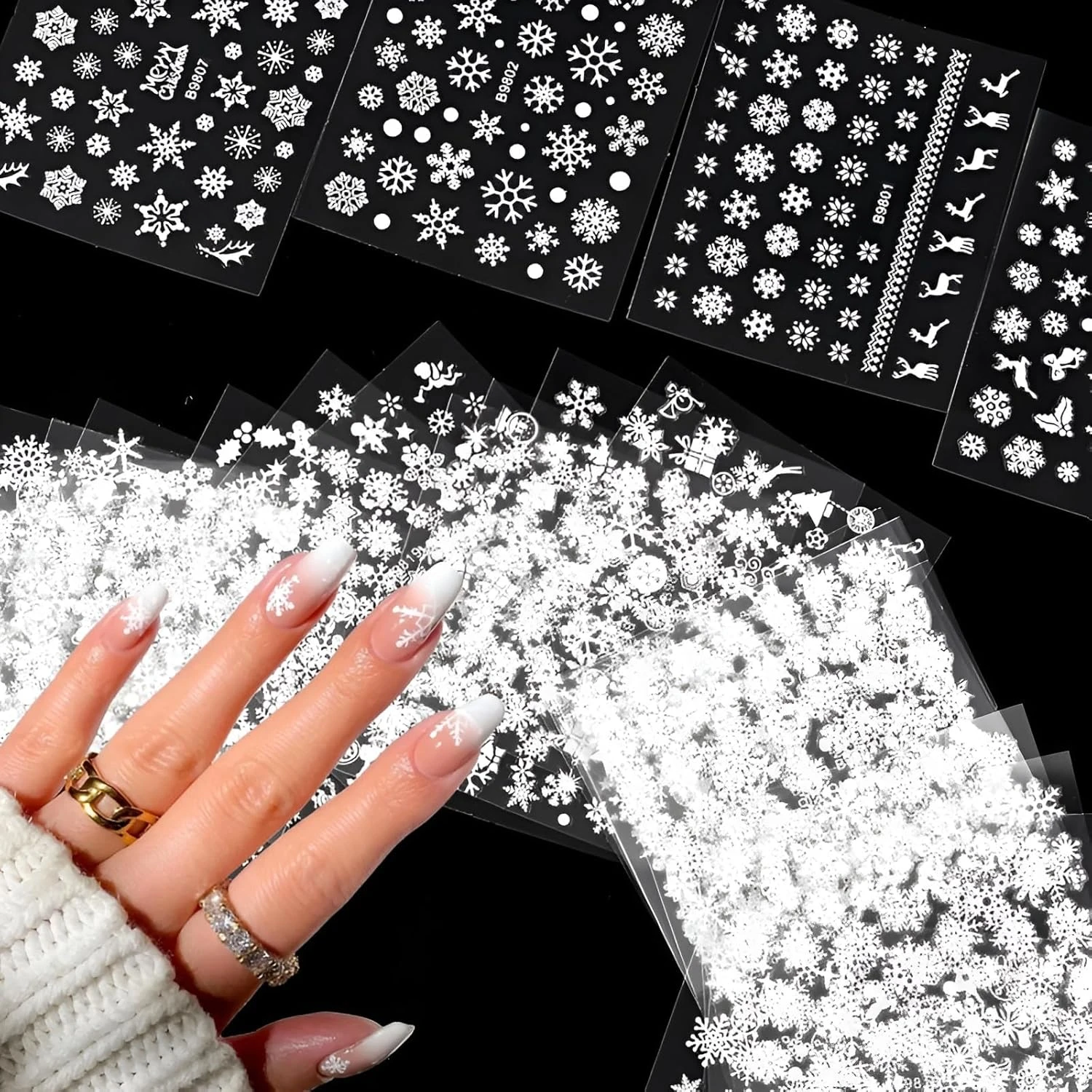 White snowflake nail decals for pastel blue nail art