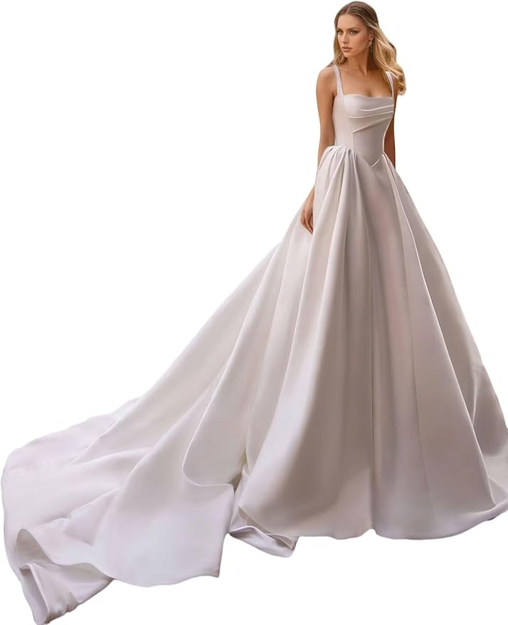 Square neck satin wedding dress minimal style