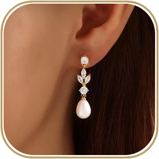 Statement pearl earrings for square neck gown