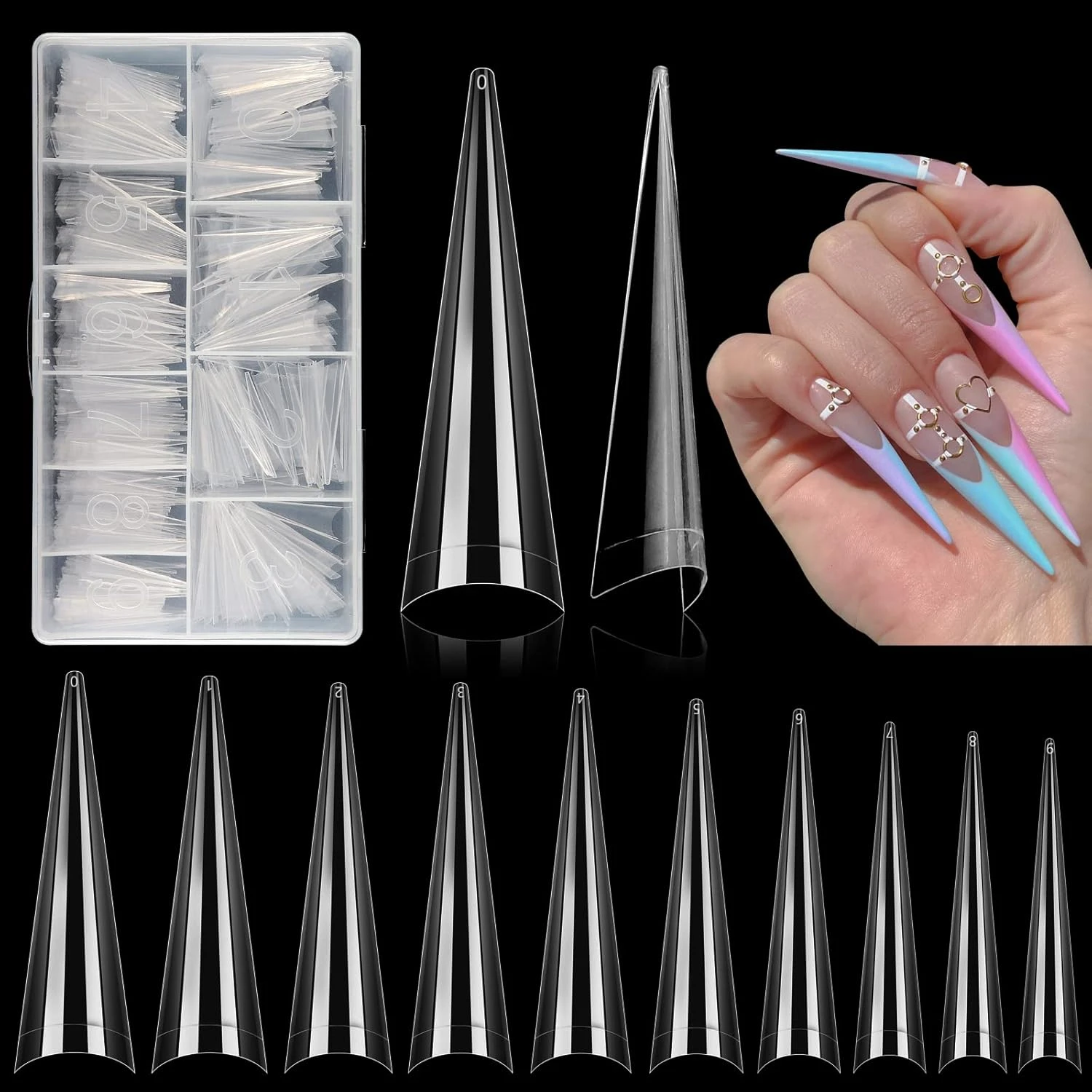 Clear stiletto nail tips for iridescent chrome manicure