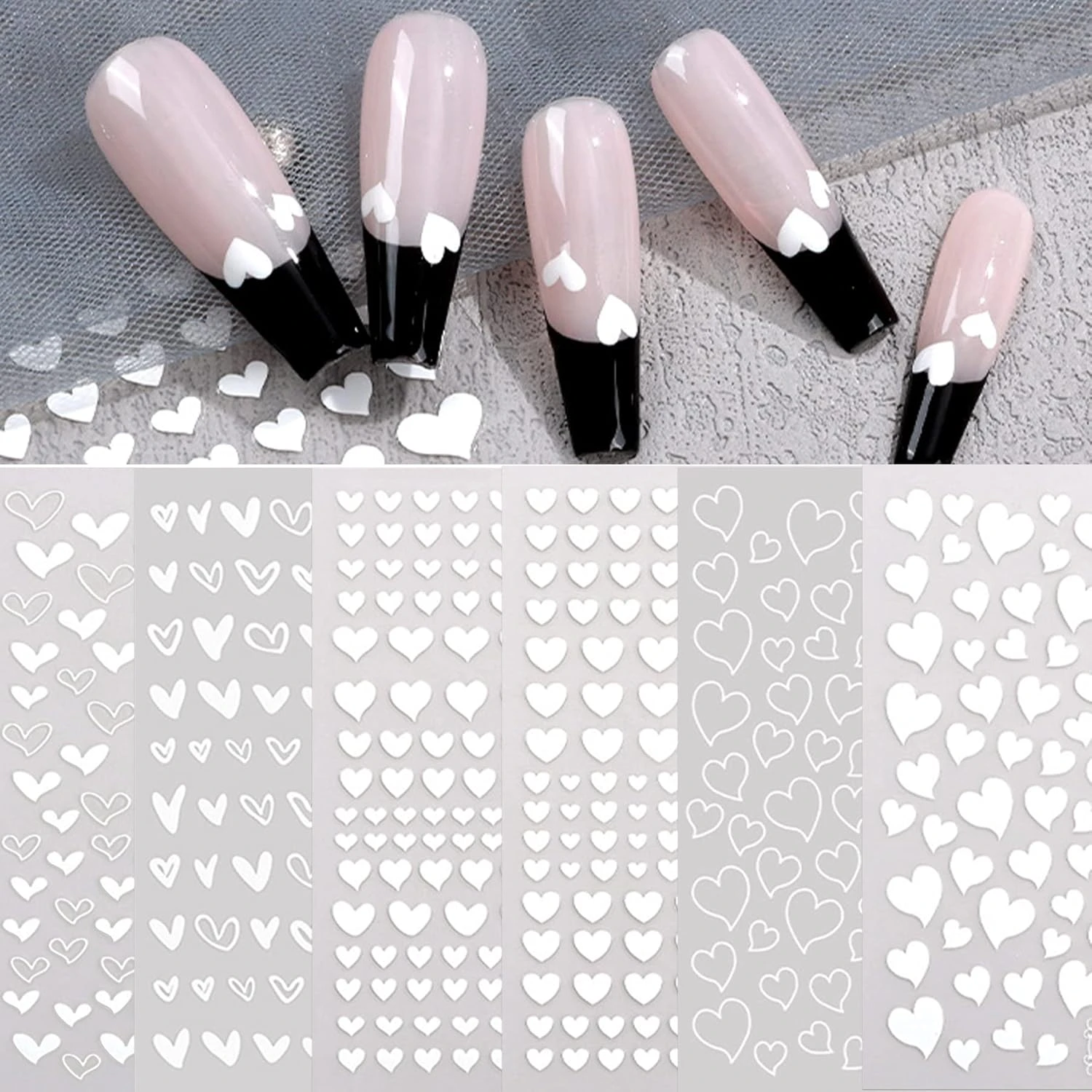 White heart nail decals for valentine cat eye nails