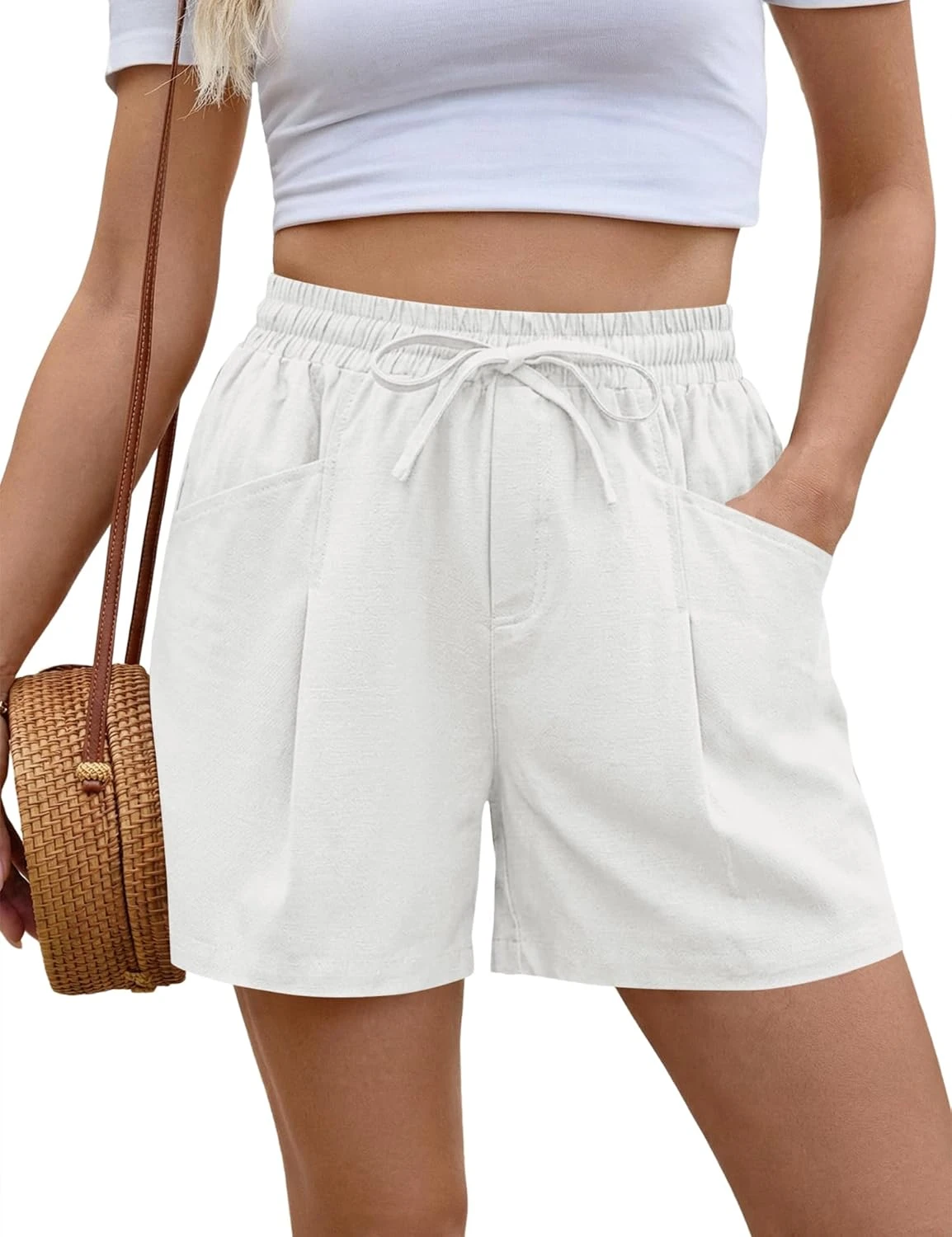 White linen shorts for citrus print outfit