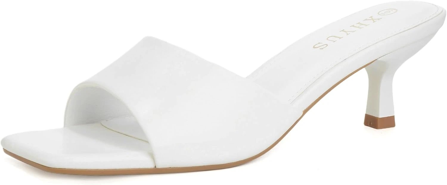 White low heel mules for floral midi