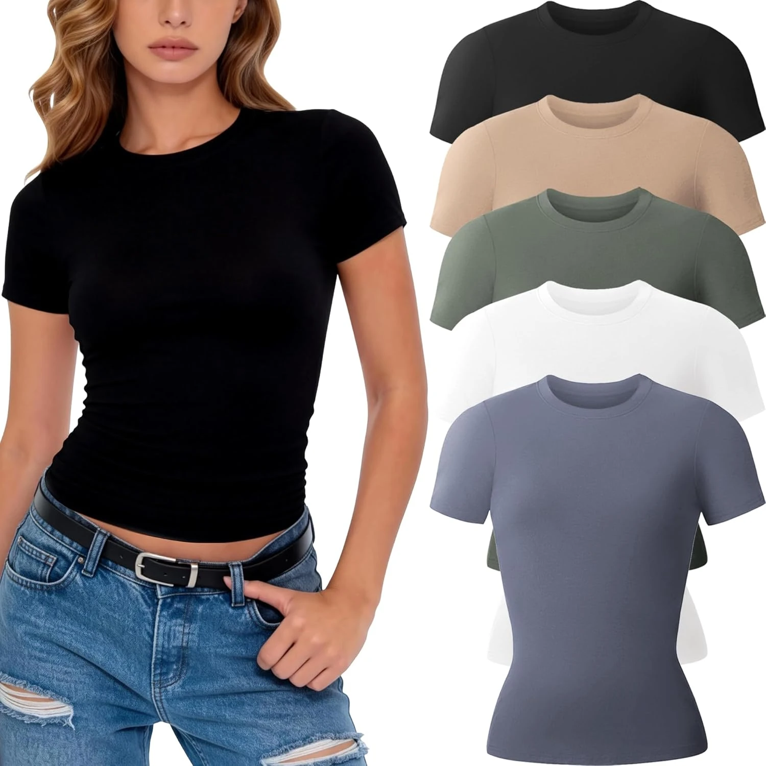 Women fitted basic tee for a tucked travel outfit look