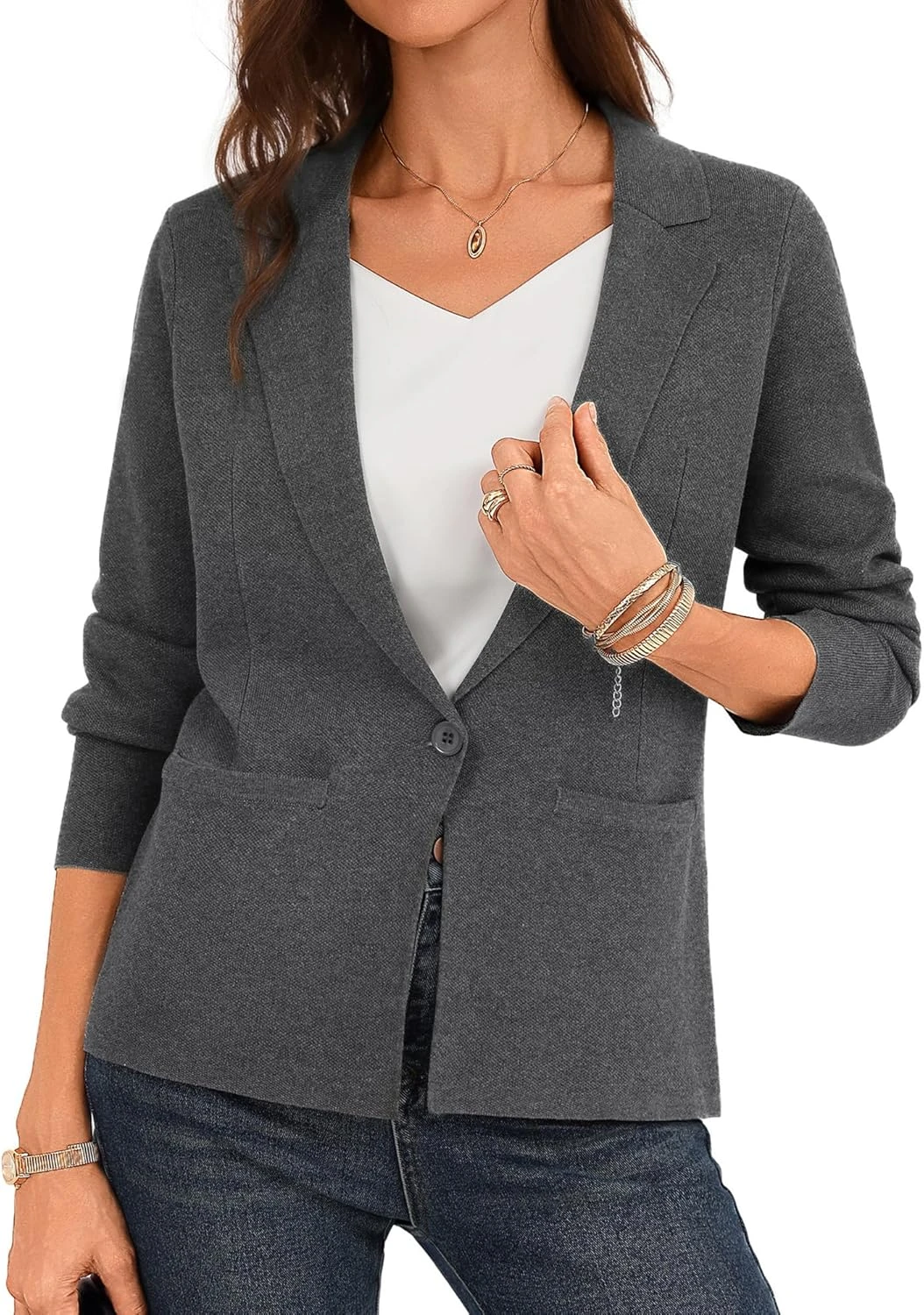 Women knit blazer that packs crease free for travel
