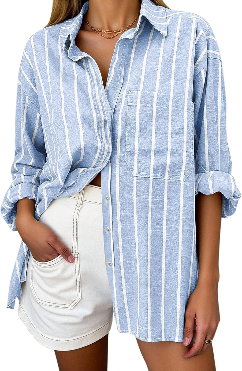 Women oversized button down as a multi use travel layer