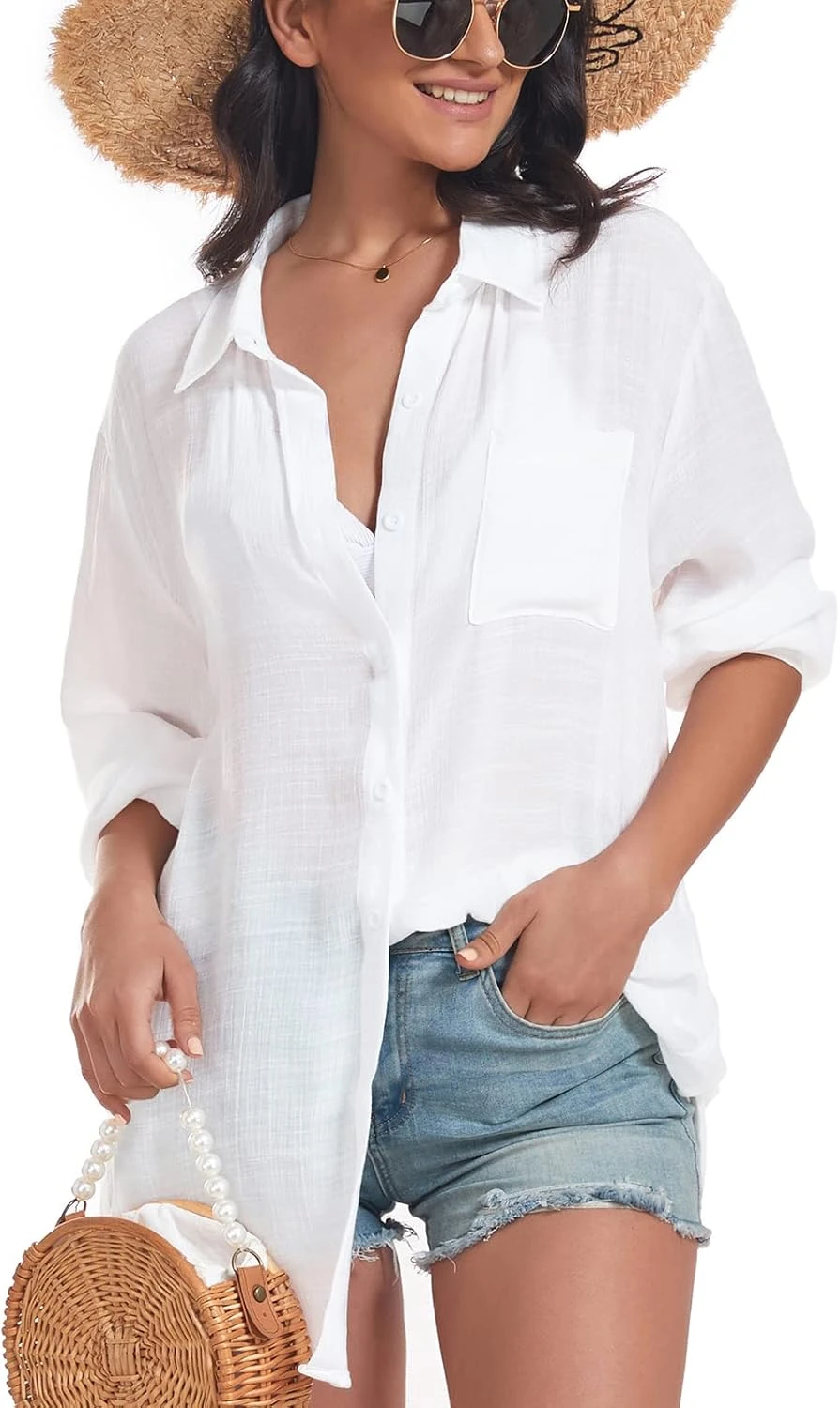 Women oversized white button down layer for convertible travel looks