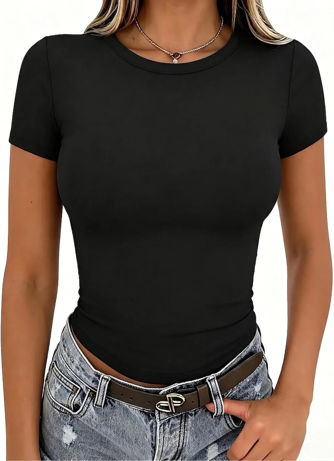 Women solid black fitted top for abstract print pants