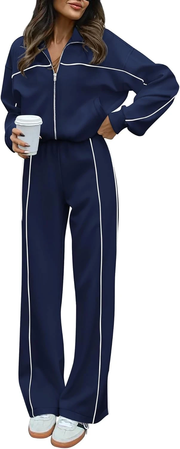 Women zip up tracksuit set for early morning travel days