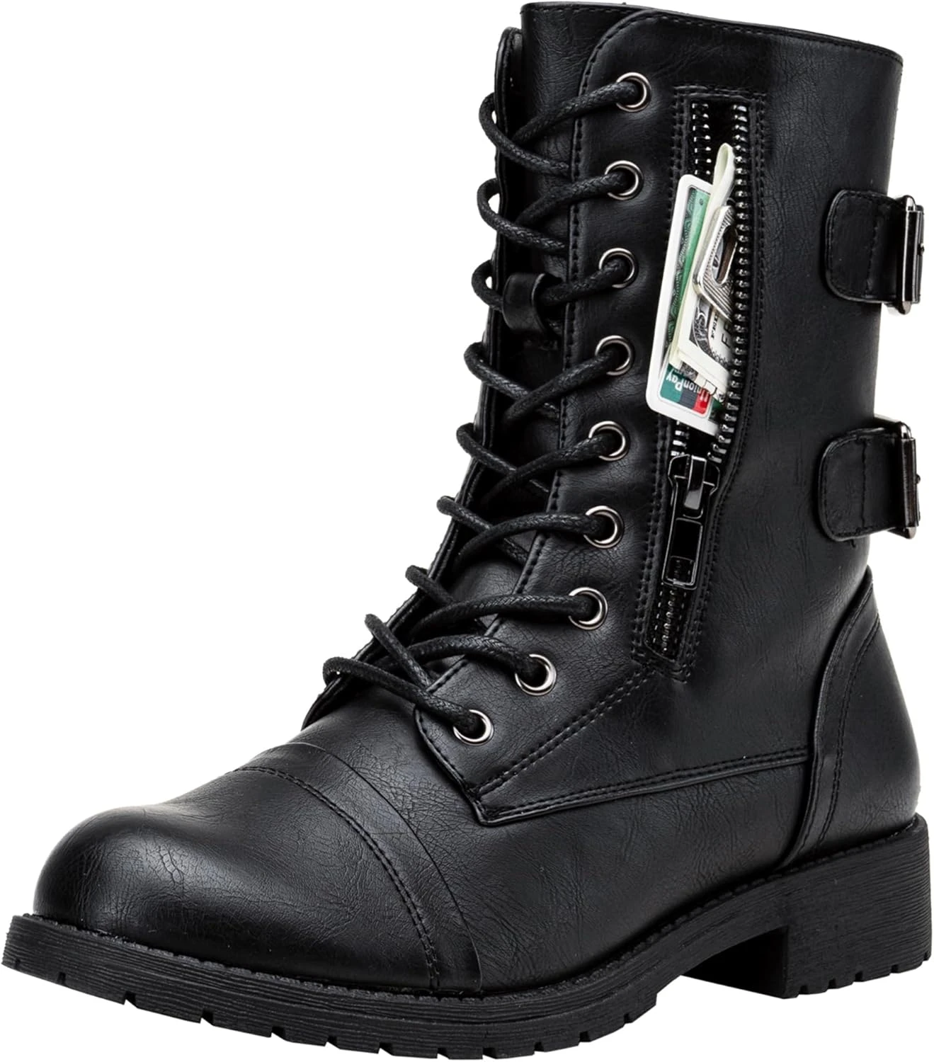 Women's flat lace up combat boots for a standing floor pit concert outfit