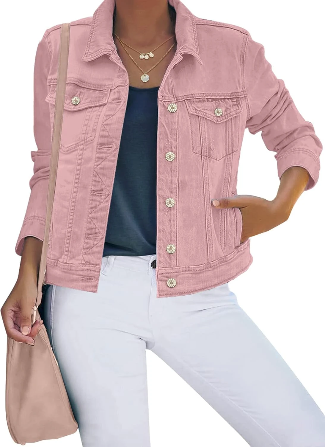 Women's denim jacket for layering an outdoor amphitheater concert outfit