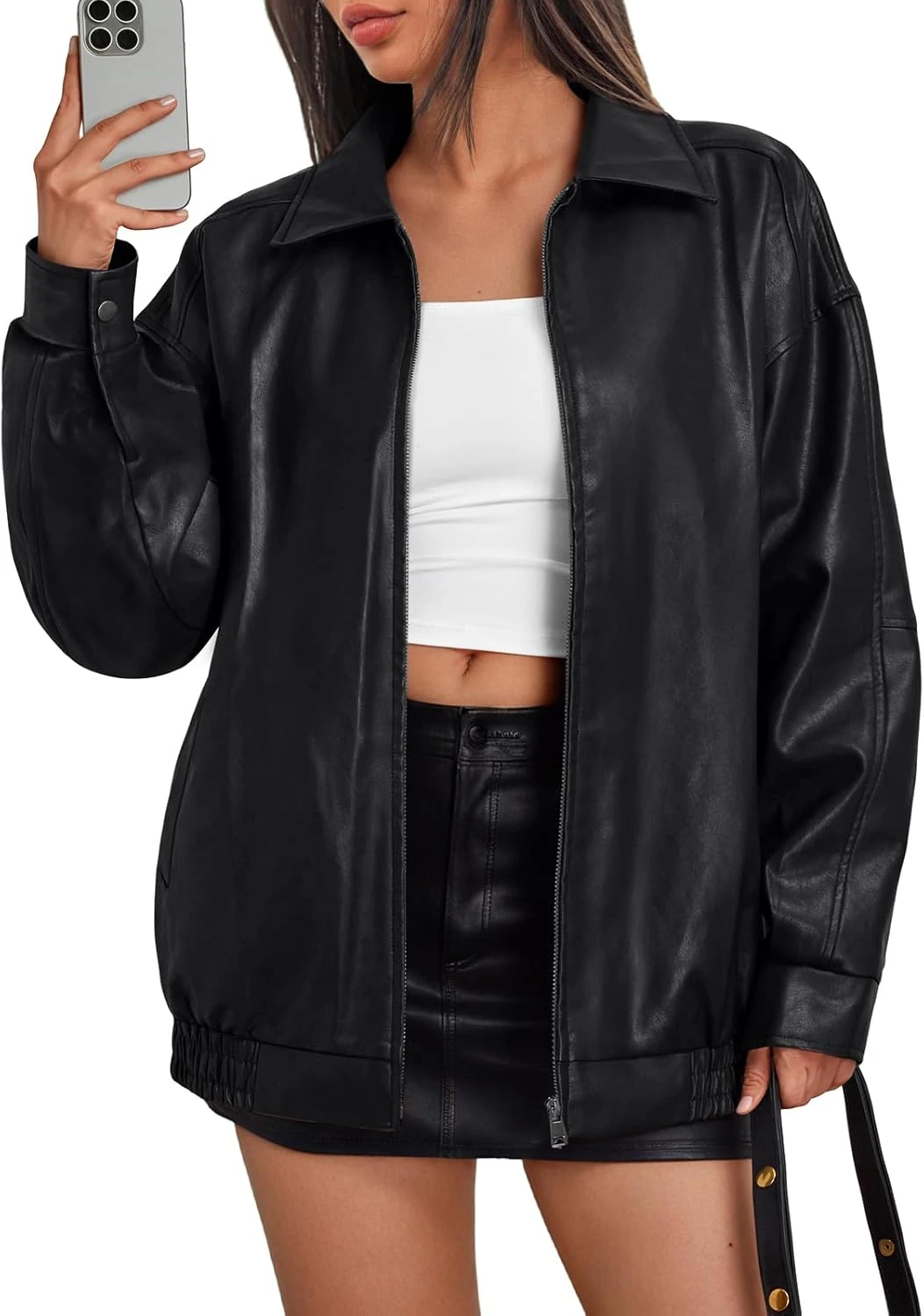 Women's moto leather jacket for a winter concert outfit