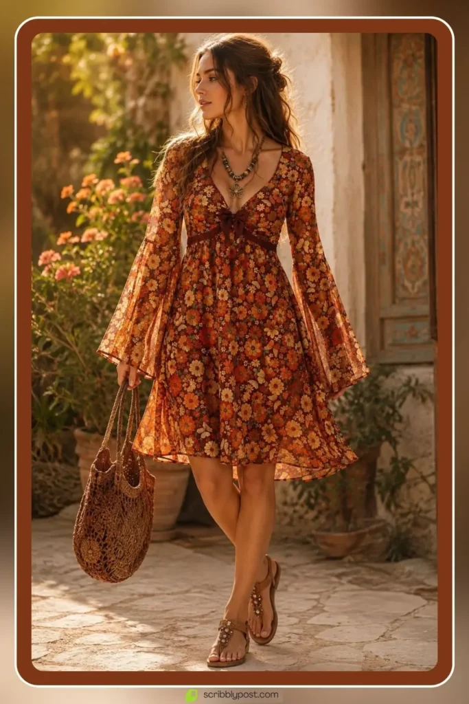 Vintage Dresses by the Decade: 16 Eras Compared for 2026 13 1970s bohemian flowing vintage dress in earthy tones