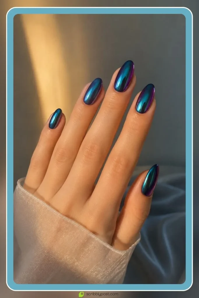 Engagement Nails for Every Ring Selfie: 16 Sets Worth the Wait in 2026 40 Alexandrite teal engagement nails as modern something blue