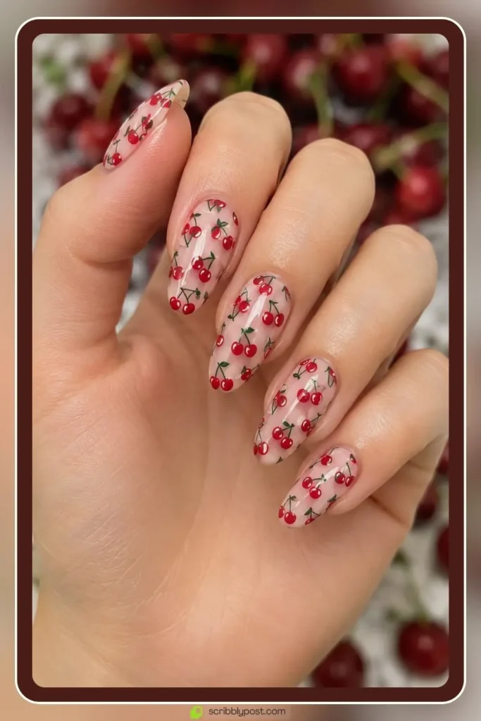 Cherry Nails Decoded: The Three Trends Hiding in One Name for 2026 53 All over cherry print nails with repeated fruit pattern