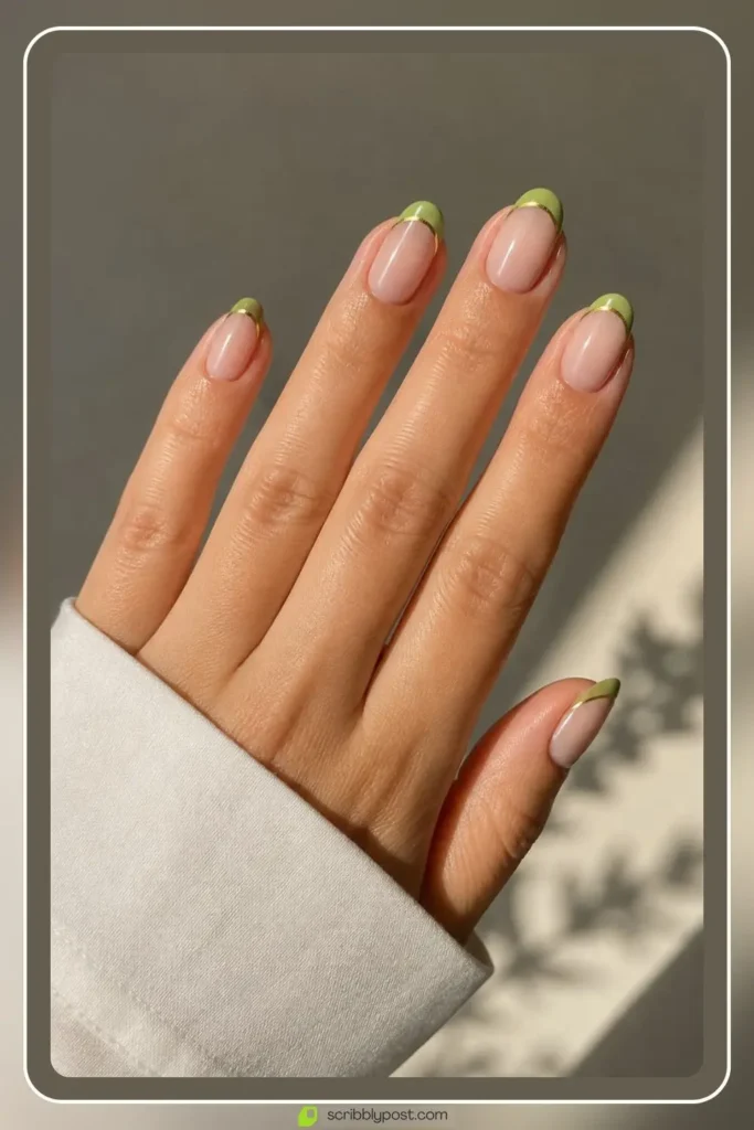 August birthstone french tip nails with peridot green tips