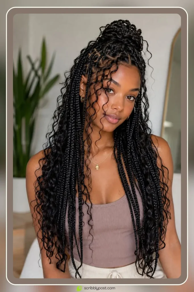 Box Braids for Every Face and Length: 14 Styles Worth Booking in 2026 5 Boho box braids with curly face framing pieces and loose texture