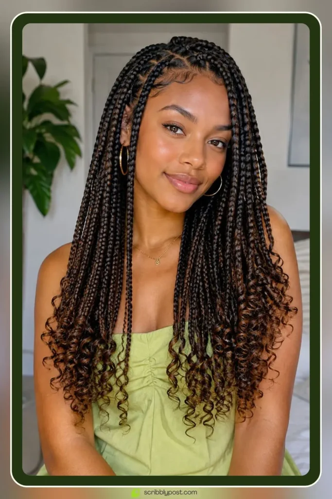 Box Braids for Every Face and Length: 14 Styles Worth Booking in 2026 41 Box braids with curly ends and defined texture