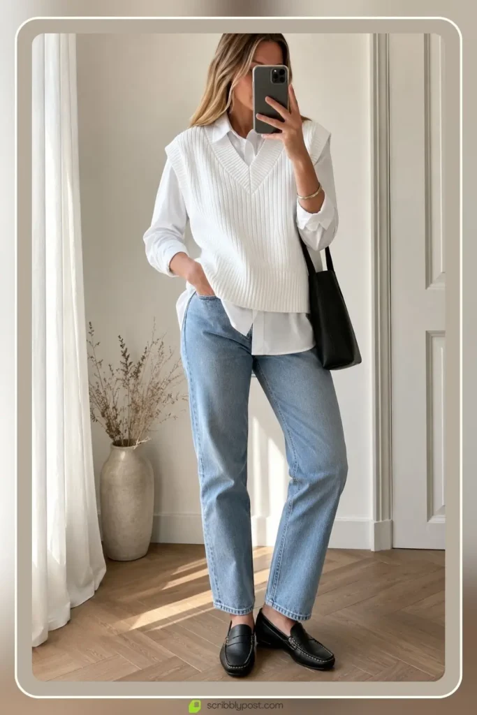 White Sweater Outfits: 16 Ways to Style the Piece That Goes With Everything 61 Boxy white sweater vest layered over blouse preppy layered outfit