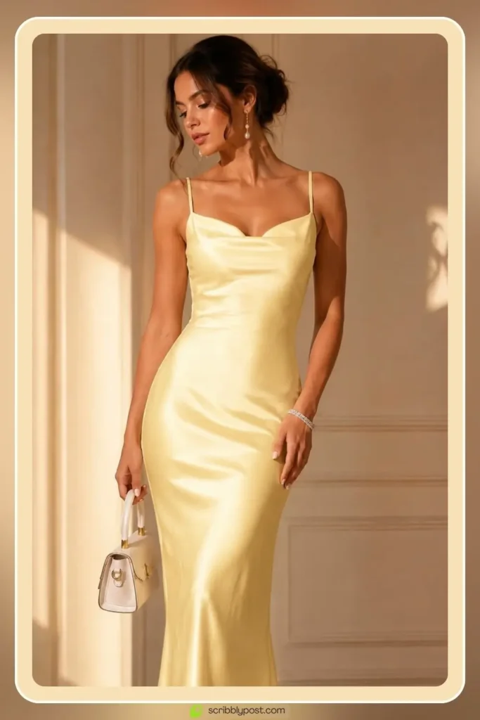 Yellow Dresses for Every Occasion: 16 Shades From Butter to Marigold in 2026 29 Butter yellow satin prom dress in minimalist old hollywood style