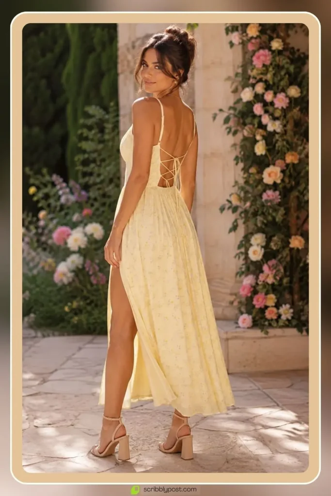 Yellow Dresses for Every Occasion: 16 Shades From Butter to Marigold in 2026 1 Butter yellow wedding guest midi dress with open back detail