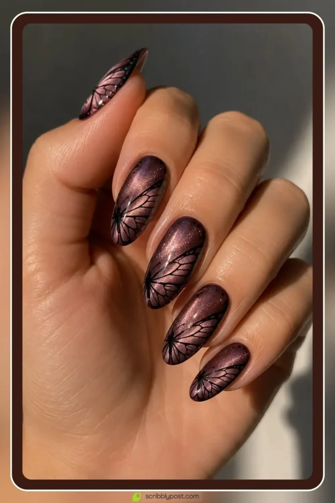 Butterfly Nails Explained: The Technique Plus 15 Designs for 2026 9 Cat eye butterfly nails with shimmer band under fine wing linework
