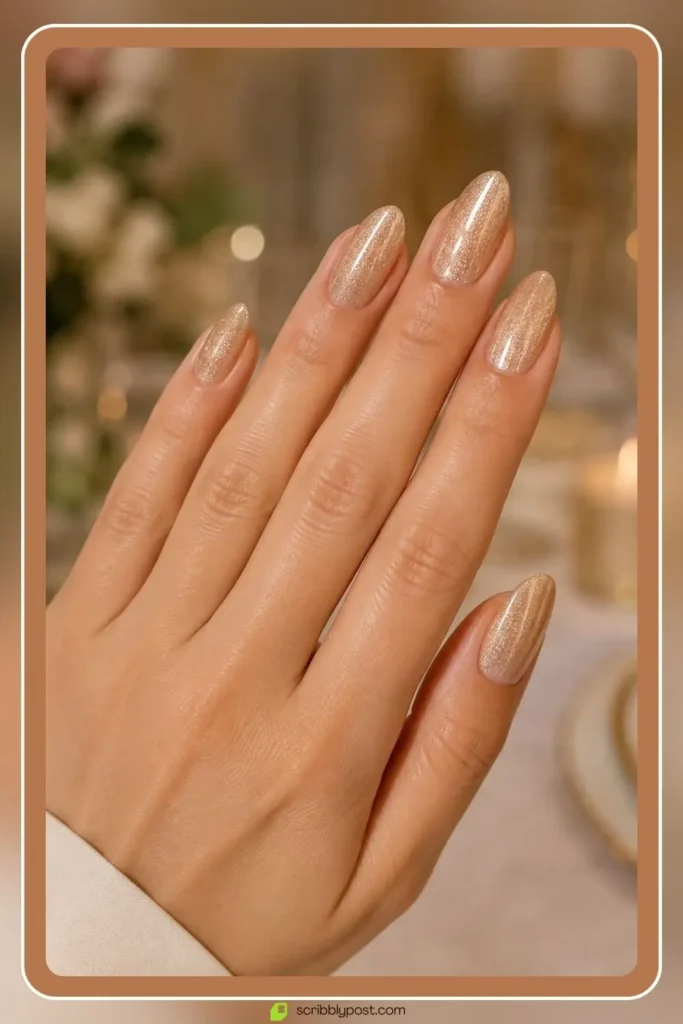 Engagement Nails for Every Ring Selfie: 16 Sets Worth the Wait in 2026 44 Champagne shimmer engagement nails for toast celebration