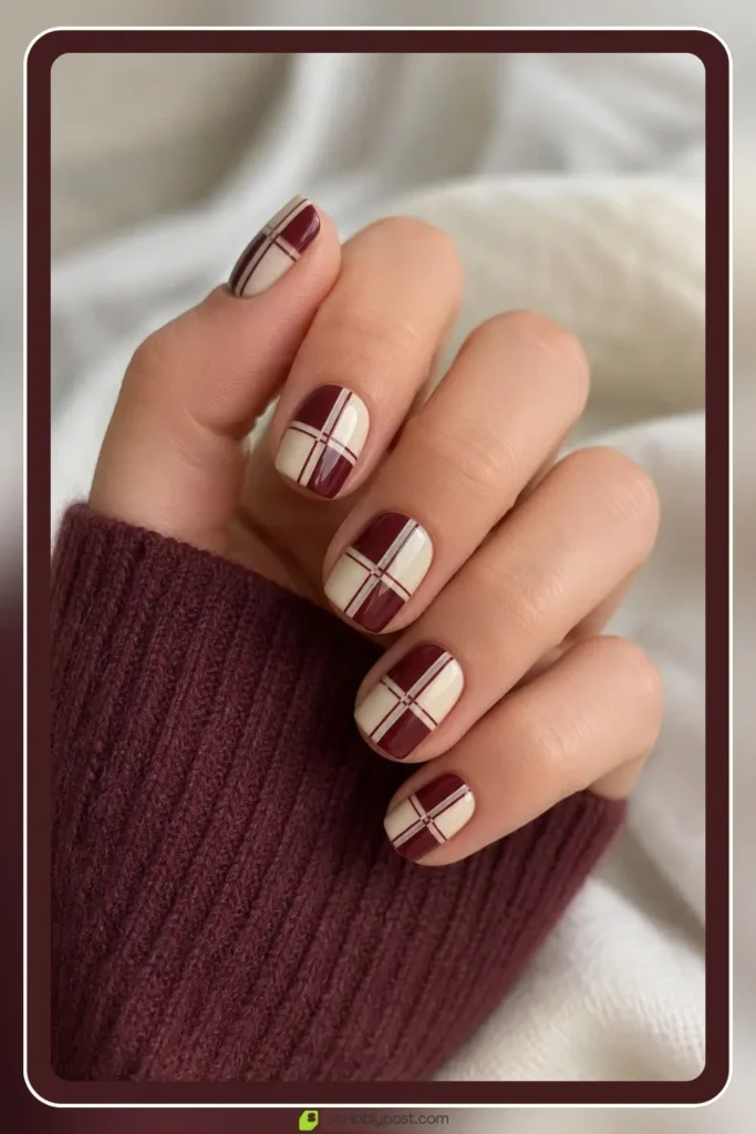 Checkered prep nail set in burgundy and cream fall school finish