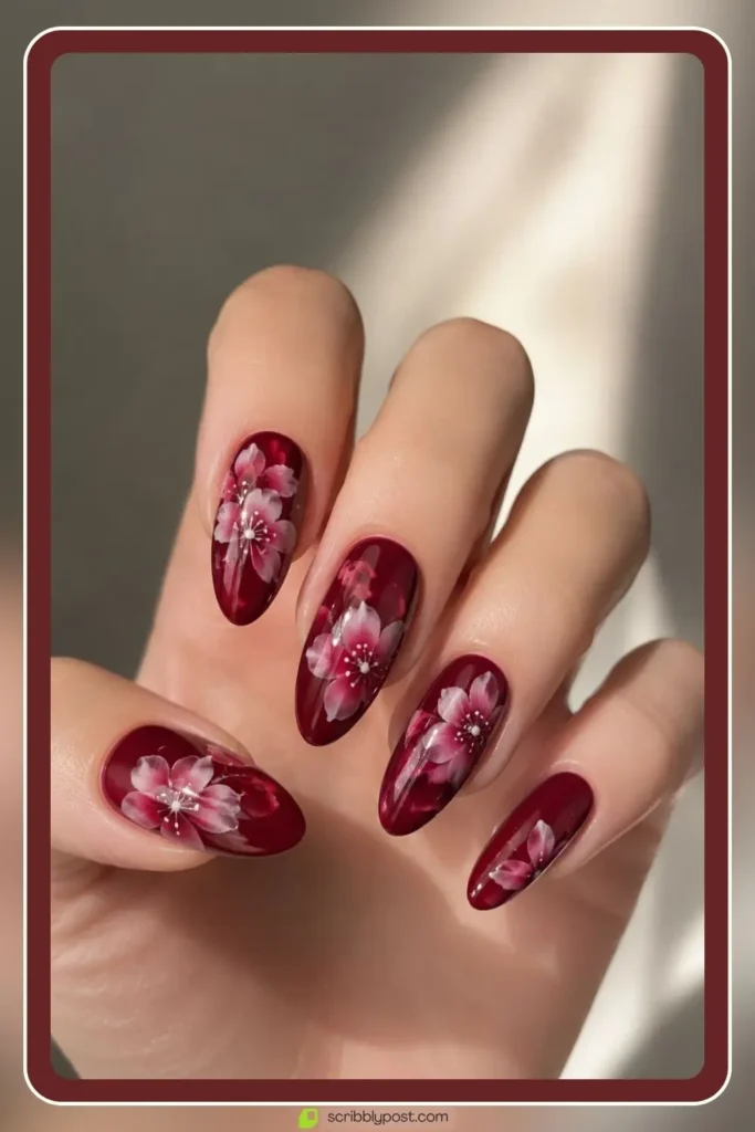 Cherry Nails Decoded: The Three Trends Hiding in One Name for 2026 57 Cherry nails with blooming gel flower art on sultry red base