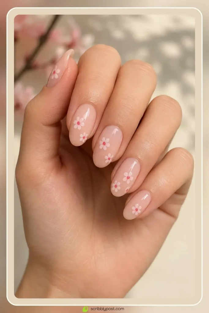 Cherry Nails Decoded: The Three Trends Hiding in One Name for 2026 5 Cherry blossom nails with delicate pink floral dots on nude base