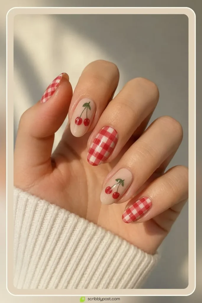 Cherry Nails Decoded: The Three Trends Hiding in One Name for 2026 29 Cherry gingham picnic nails with red and white checkered pattern
