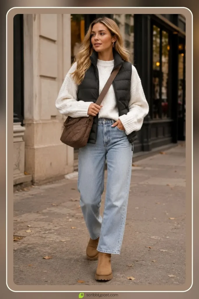 White Sweater Outfits: 16 Ways to Style the Piece That Goes With Everything 29 Chunky white sweater with puffer vest layered outdoor outfit