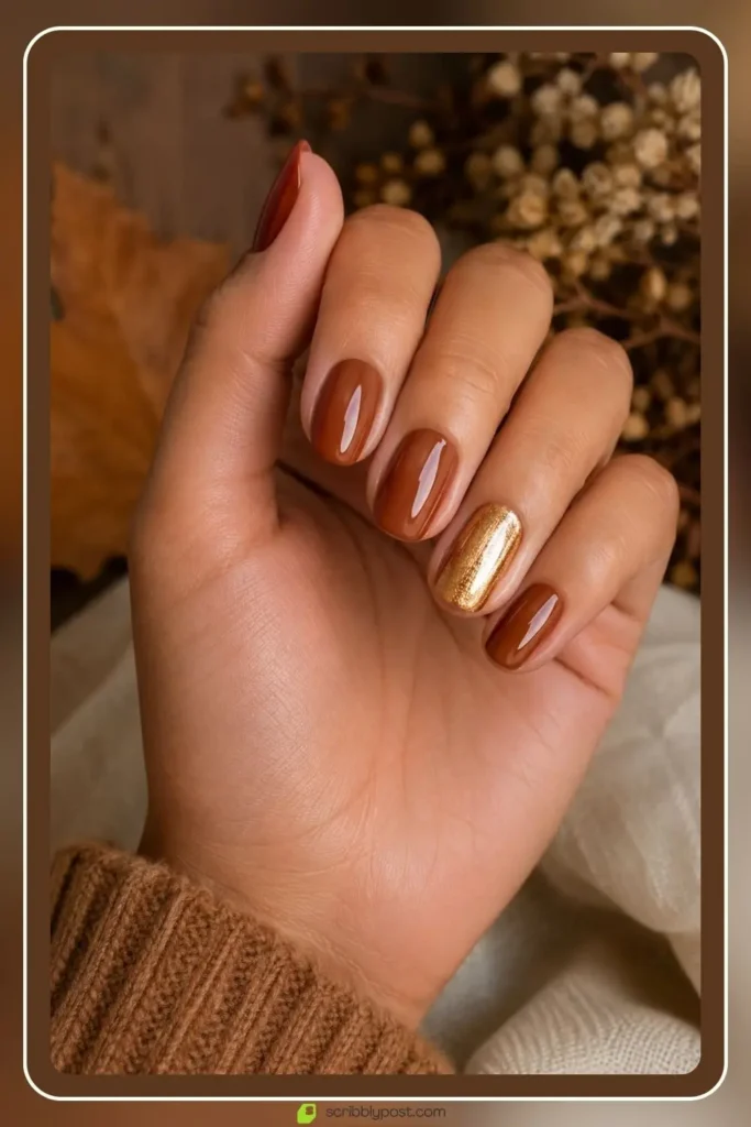 September Nails: The Only Month Where the Birthstone and the Trend Are the Same Color 49 Cinnamon brown nails in warm spiced glossy finish