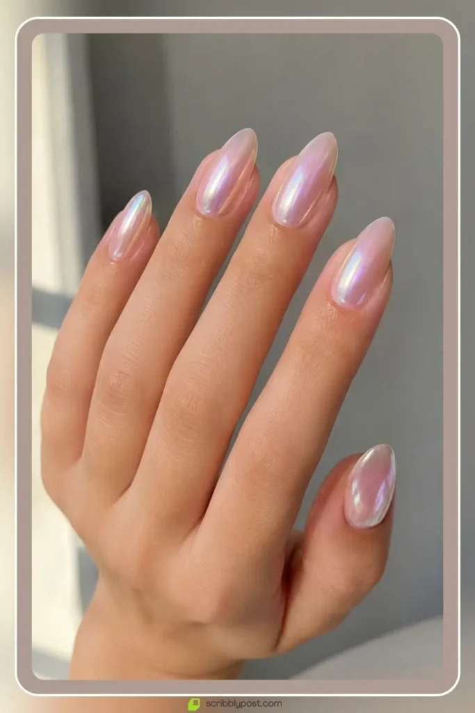 Clean girl pearl chrome nails in milky iridescent finish for college