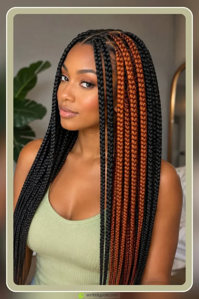 Box Braids for Every Face and Length: 14 Styles Worth Booking in 2026 49 Color blocked box braids with contrasting section colors