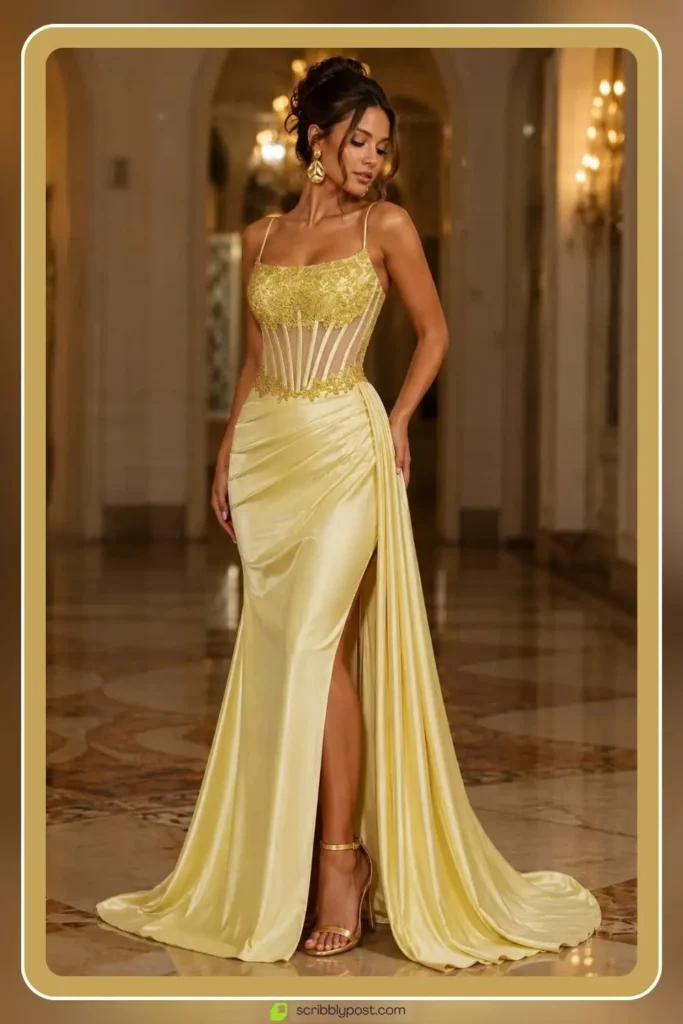 Yellow Dresses for Every Occasion: 16 Shades From Butter to Marigold in 2026 17 Corset bodice yellow prom gown with lace up back detail