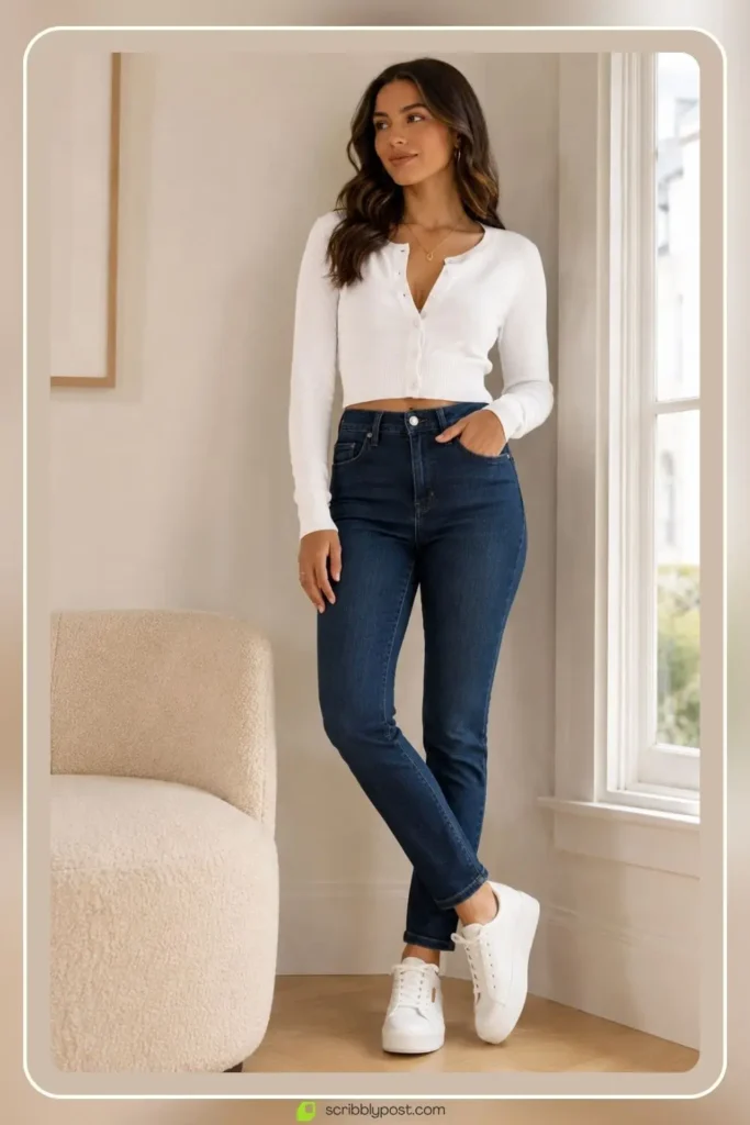White Sweater Outfits: 16 Ways to Style the Piece That Goes With Everything 41 Cropped white cardigan with high-rise jeans retro casual outfit