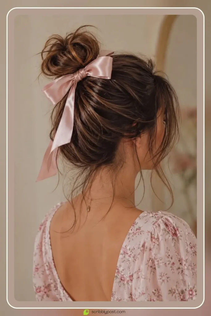 Messy Buns for Every Hair Type: The Loop Technique Plus 15 Ways to Wear It in 2026 9 Cute messy bun with hair bow tied at the base