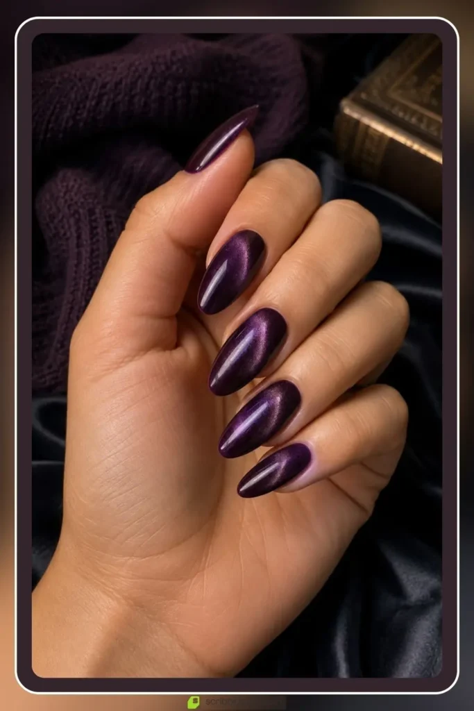 Dark academia plum velvet nails in deep moody purple finish for college