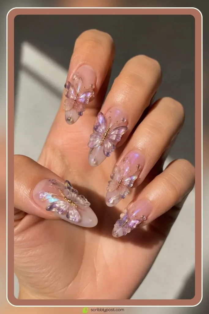 Butterfly Nails Explained: The Technique Plus 15 Designs for 2026 13 3D gel butterfly nails with sculptural raised wings