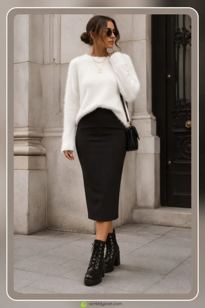 White Sweater Outfits: 16 Ways to Style the Piece That Goes With Everything 25 Fuzzy white sweater with midi skirt textured feminine outfit