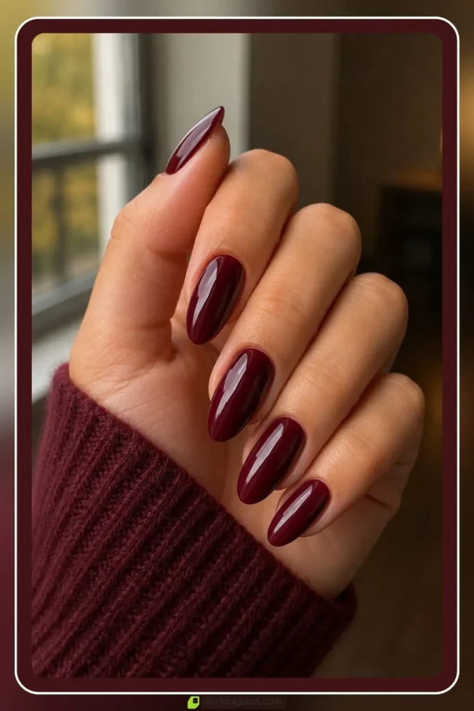 September Nails: The Only Month Where the Birthstone and the Trend Are the Same Color 1 Glossy burgundy nails in rich saturated finish for september