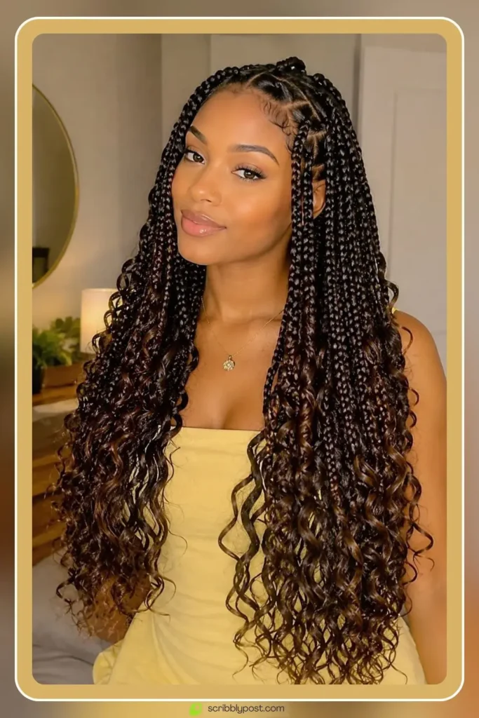 Box Braids for Every Face and Length: 14 Styles Worth Booking in 2026 33 Goddess box braids with wavy curled ends and full volume