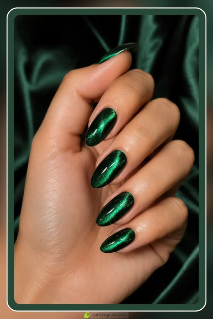 Green Nails Worth Saving: 16 Sets From Mint to Emerald for 2026 37 Green cat eye nails with glowing emerald shimmer band